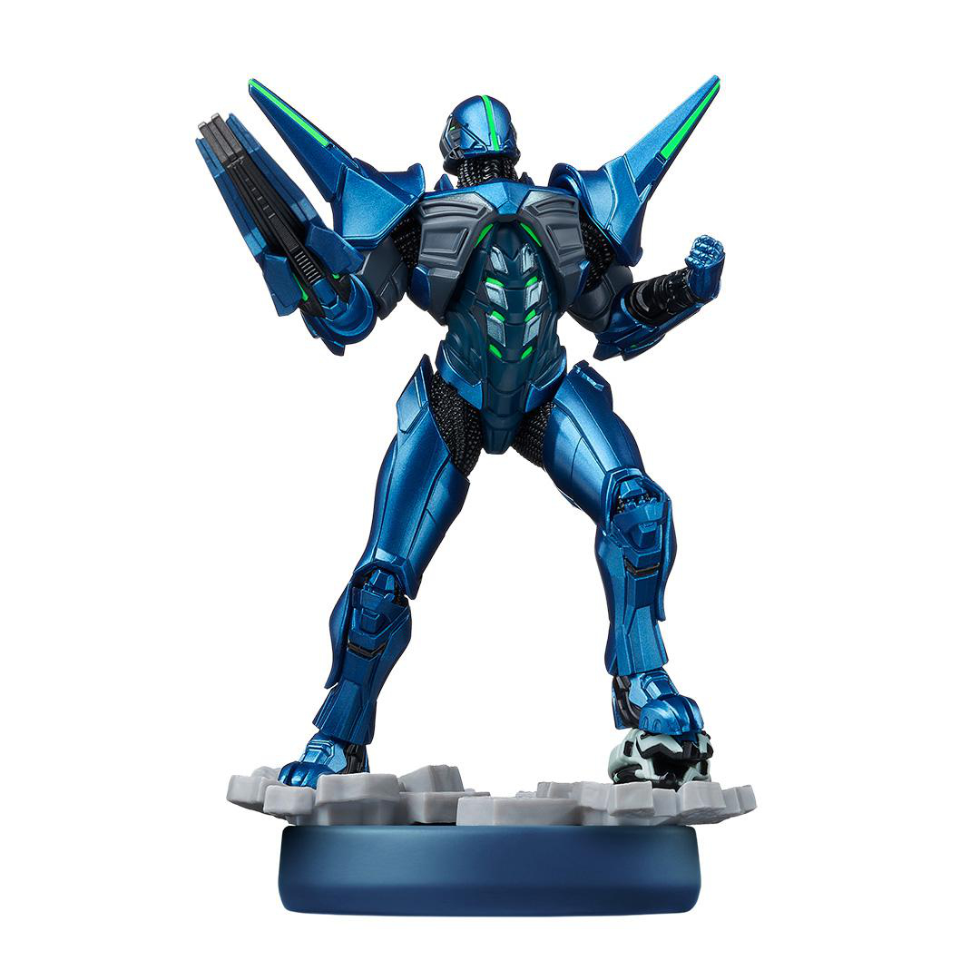 Eine blaue Roboterfigur steht auf einer Plattform. Sie hat einen waffenartigen Arm und stachelige Schulterpolster. Grüne Akzente heben den Roboter hervor.