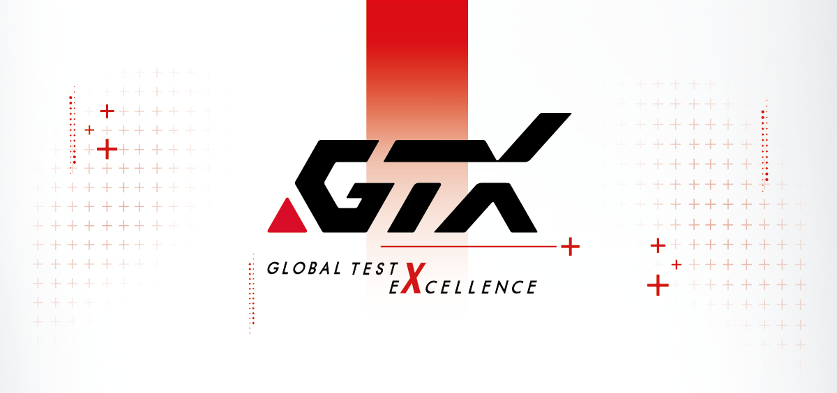 Logo z tekstem GTX, kolorami czerwonym i czarnym, znakami plus i tekstem 'Global Test Excellence'.