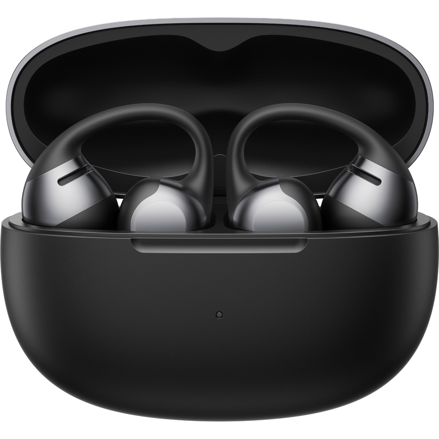 Black earbud case with open lid, revealing two silver and black earbuds. The case has a small charging light.