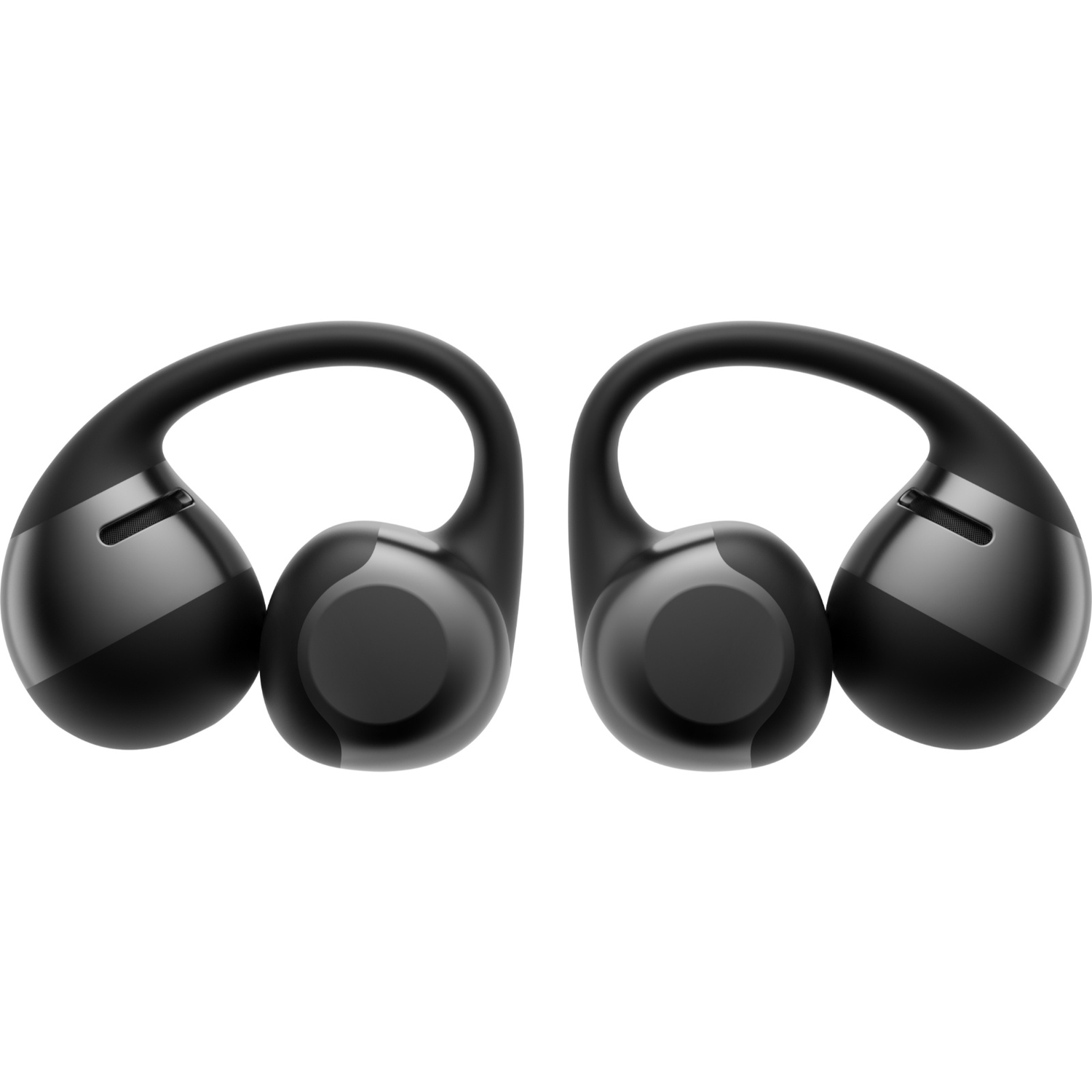 Two black wireless earbuds with ear hooks, designed for sports. They have a sleek, modern look, with a white background.