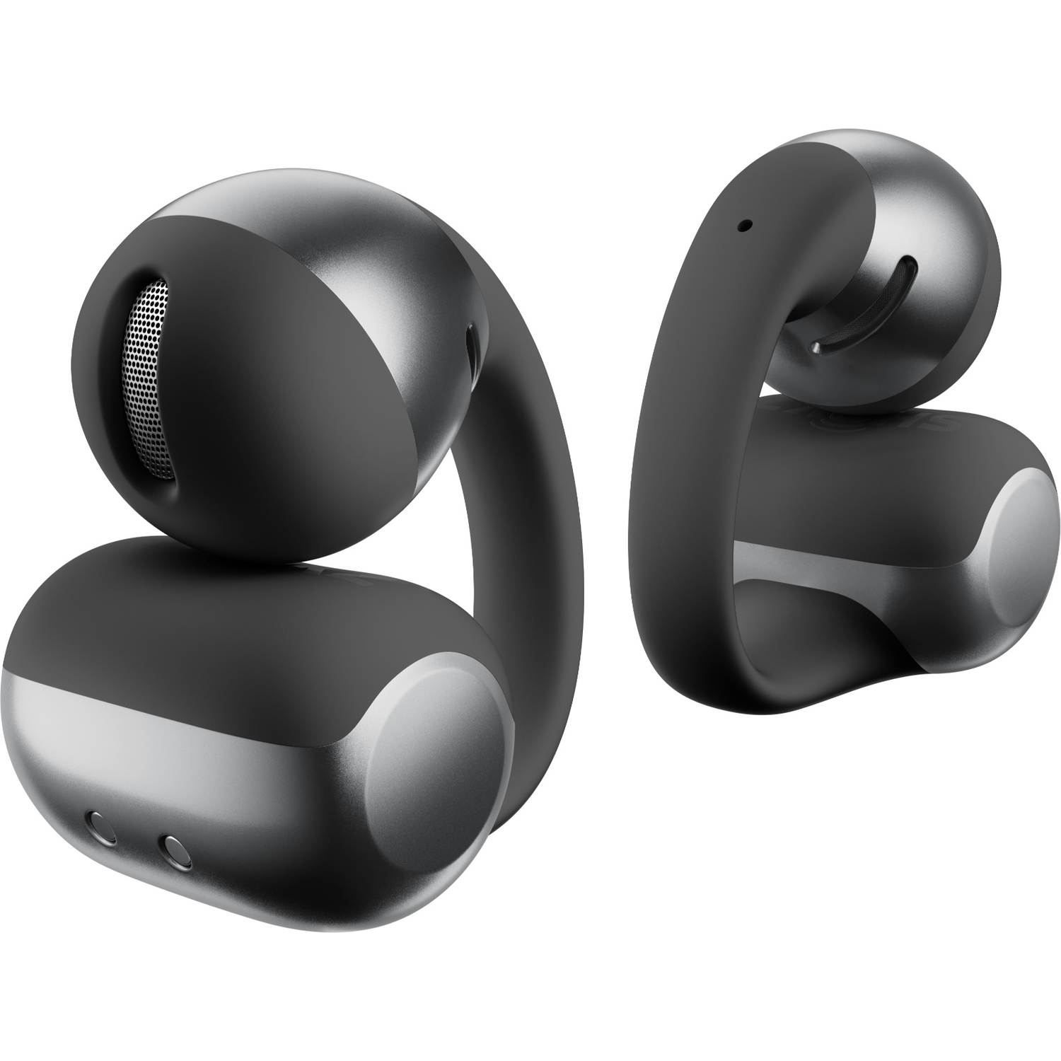 Two black and silver wireless earbuds are displayed against a white background. They have a unique design with curved stems.