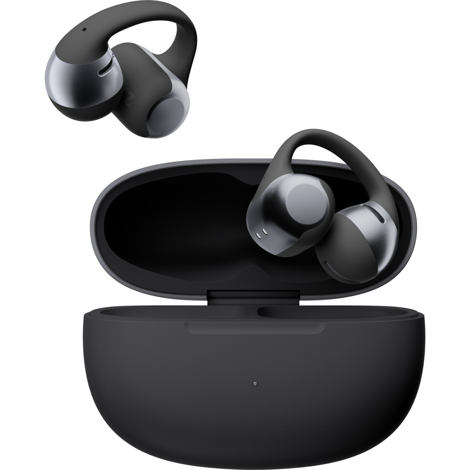 Black and silver earbuds, one pair in a charging case, another pair floating above. White background.