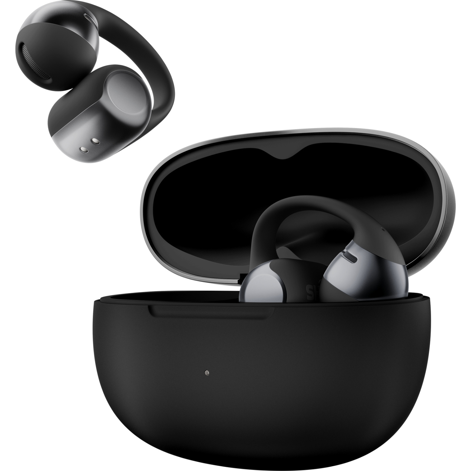 Black wireless earbuds in a charging case. One earbud is separate. The case is open, revealing the earbuds within.