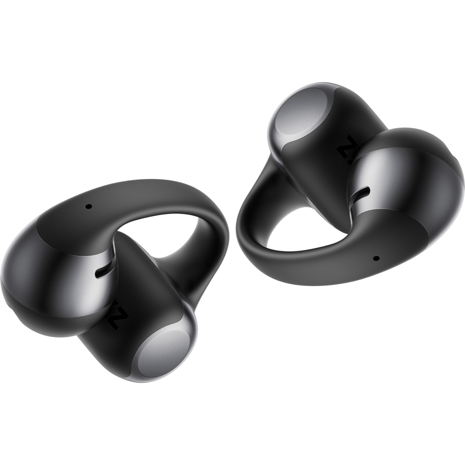 Two black wireless earbuds on a white background. Each earbud has a curved design with a rounded tip and the letter 'Z'.