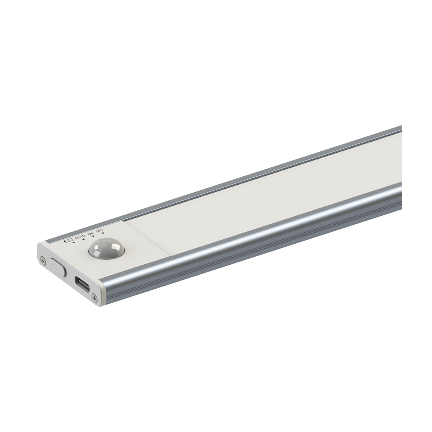 Una luce LED rettangolare con sensore. Ha una cornice argentata e un centro bianco. Mostra le opzioni 'AUTO', 'ON' e 'OFF'.