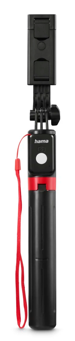 Czarny kijek do selfie z czerwonymi akcentami, paskiem na nadgarstek i białym przyciskiem. Widoczna marka 'hama'.