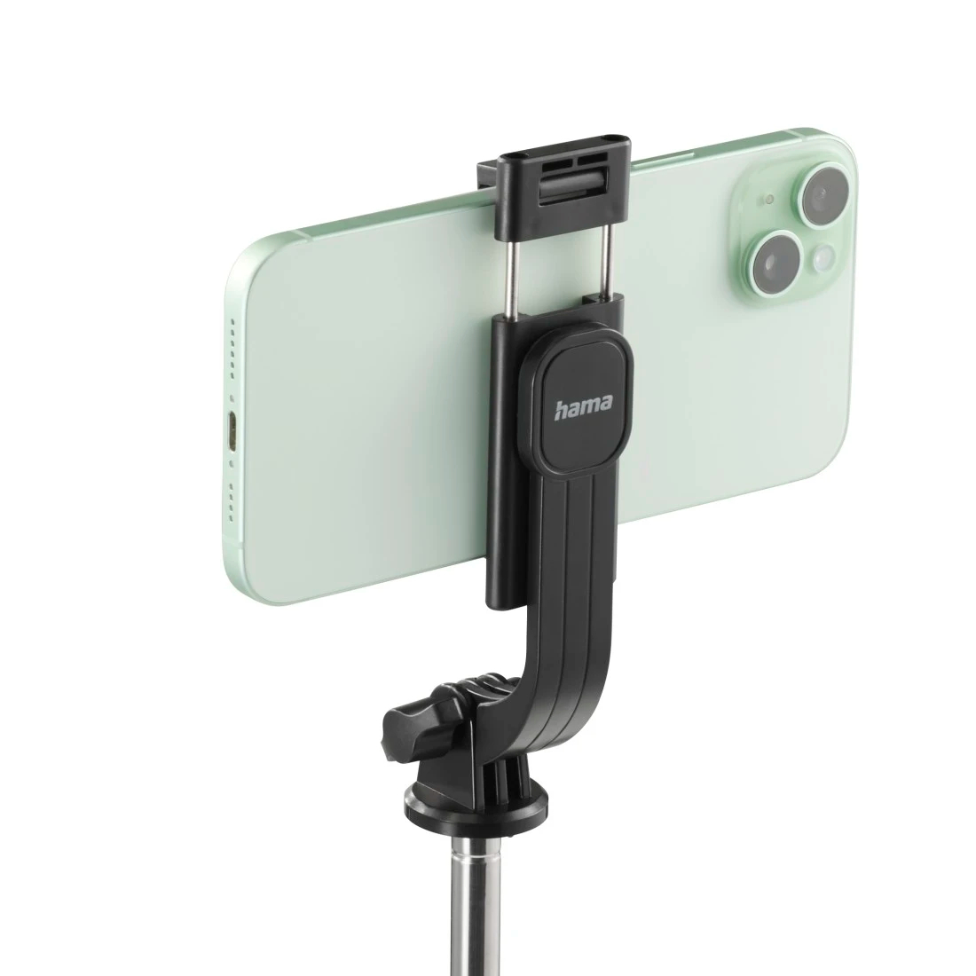 Miętowy iPhone trzymany przez czarny uchwyt do telefonu Hama, przymocowany do metalowego stojaka, na białym tle.