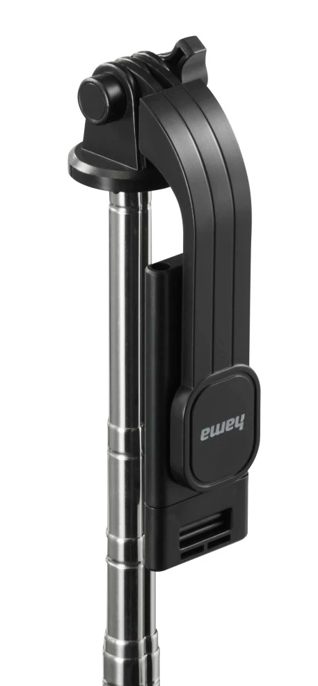 Czarny kijek do selfie z uchwytem na telefon. Posiada metalowy drążek i czarny uchwyt z marką 'hama'.