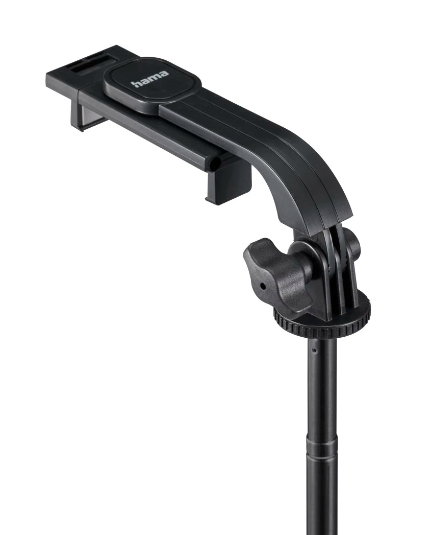 Czarny uchwyt do kamery Hama na białym tle. Posiada regulowane ramię i pionowy słup.