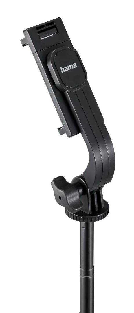 Czarny uchwyt do telefonu Hama na statywie. Ma zacisk, zakrzywione ramię, pokrętło i teleskopowy słup.