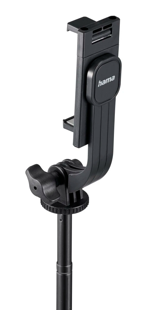 Czarny uchwyt do telefonu do statywu. Posiada zacisk, obrotowy przegub i podstawę do mocowania.