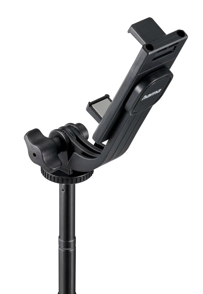 Czarny uchwyt na tablet na statywie. Statyw jest regulowany, z pokrętłem i widoczną marką "hama".