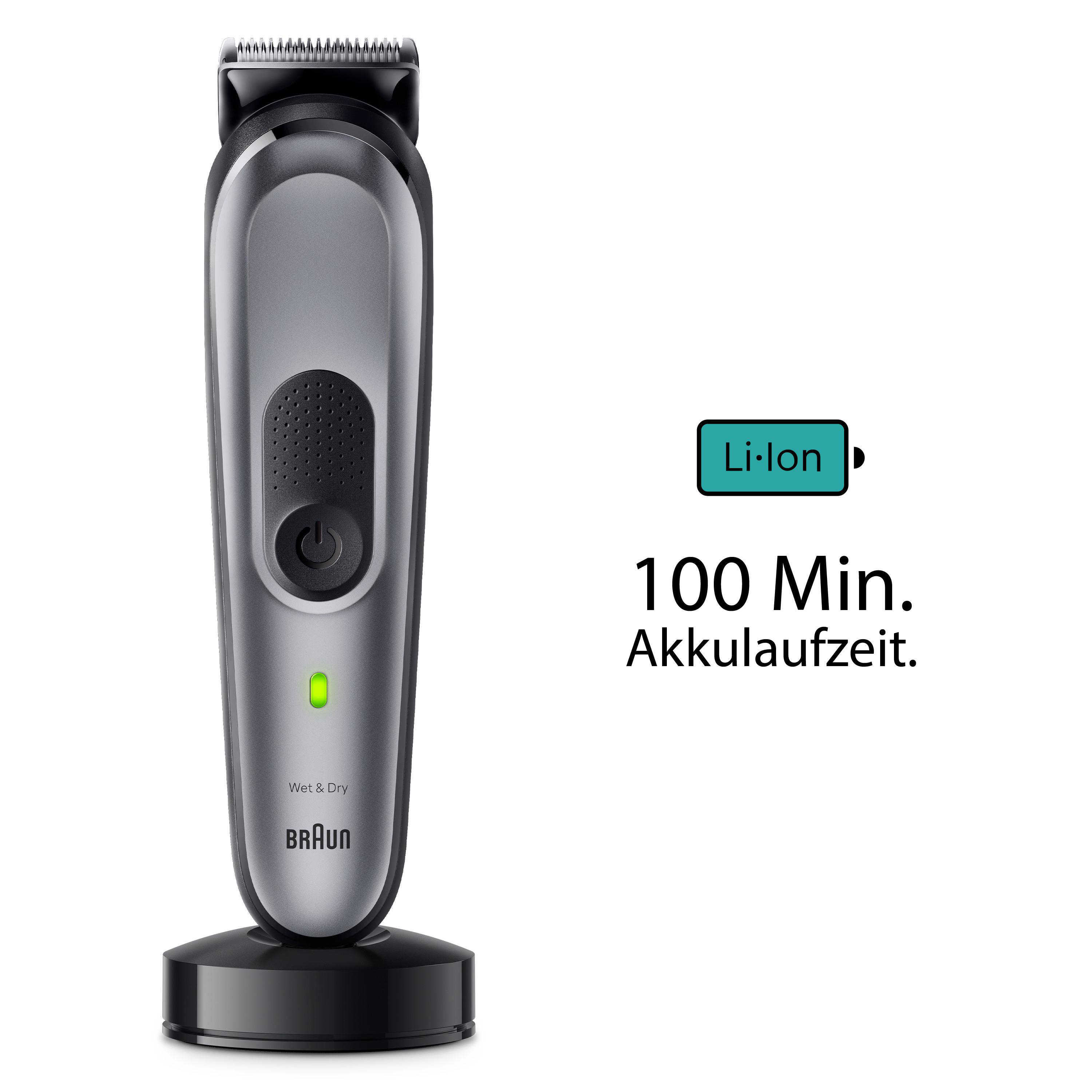 Ein elektrischer Braun-Rasierer auf einem Ständer. Es hat ein schwarz-graues Design. Text: Li-Ion, 100 Min. Akkulaulzeit.