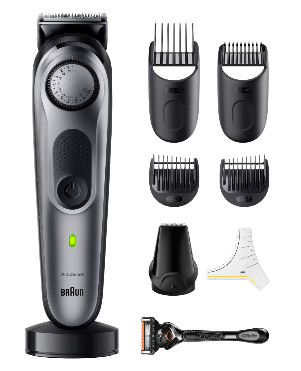Ein Braun-Trimmer mit Aufsätzen, ein Gillette-Rasierer und ein schwarzer Hintergrund. Der Trimmer hat ein Rad und einen Einschaltknopf.