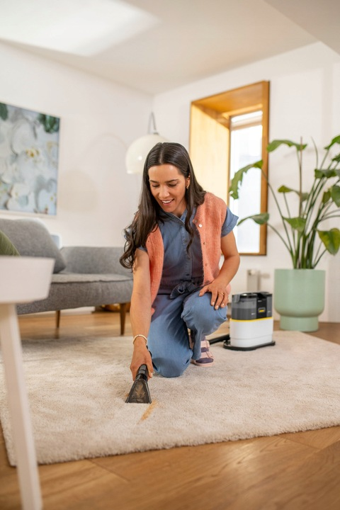 Kobieta klęczy, czyszcząc dywan narzędziem do czyszczenia. W pobliżu znajduje się odkurzacz. W pokoju jest sofa, roślina i drewniana podłoga.