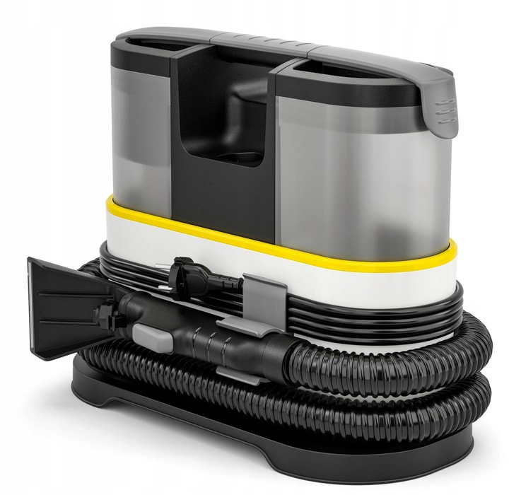 Biało-czarny odkurzacz z żółtym paskiem. Ma uchwyt i wąż z dyszą. Podstawa jest czarna.