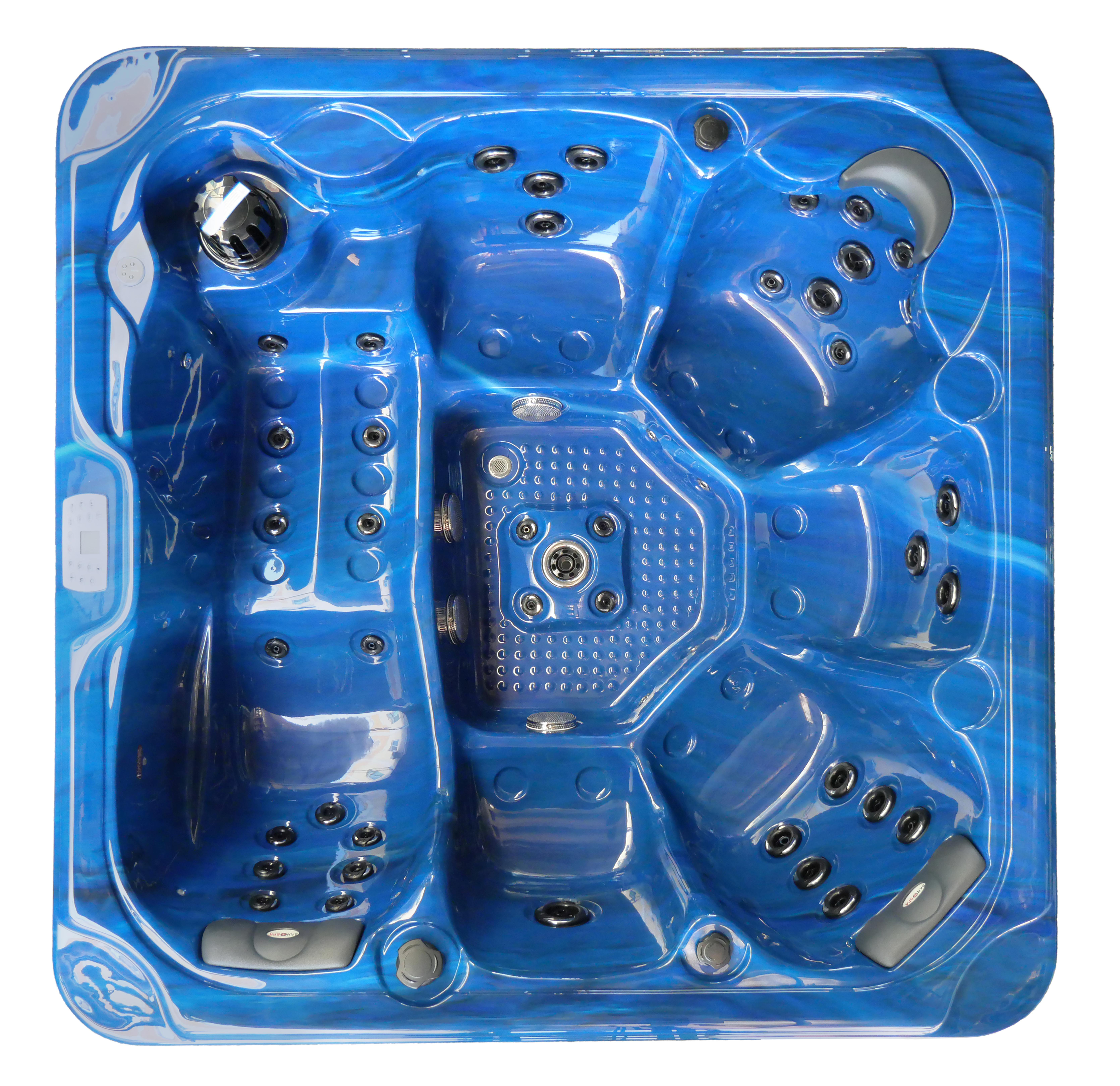 Draufsicht auf einen blauen Whirlpool mit mehreren Sitzbereichen, Düsen und Bedienfeld. Die Farbe ist ein tiefes, marmoriertes Blau.