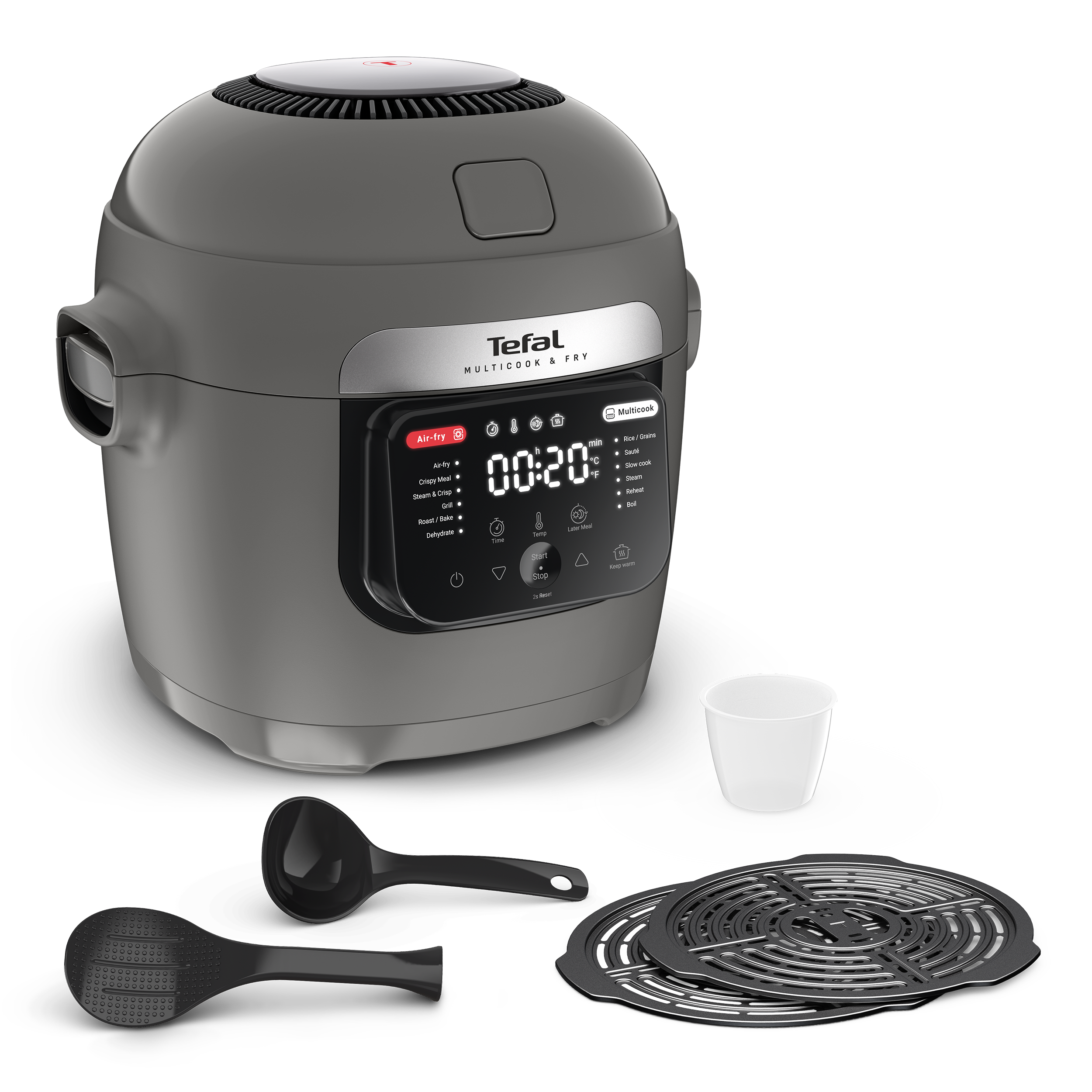 Egy szürke Tefal Multicook & Fry kiegészítőkkel: merőkanál, spatula és két rács. A kijelző 00:20-at mutat.