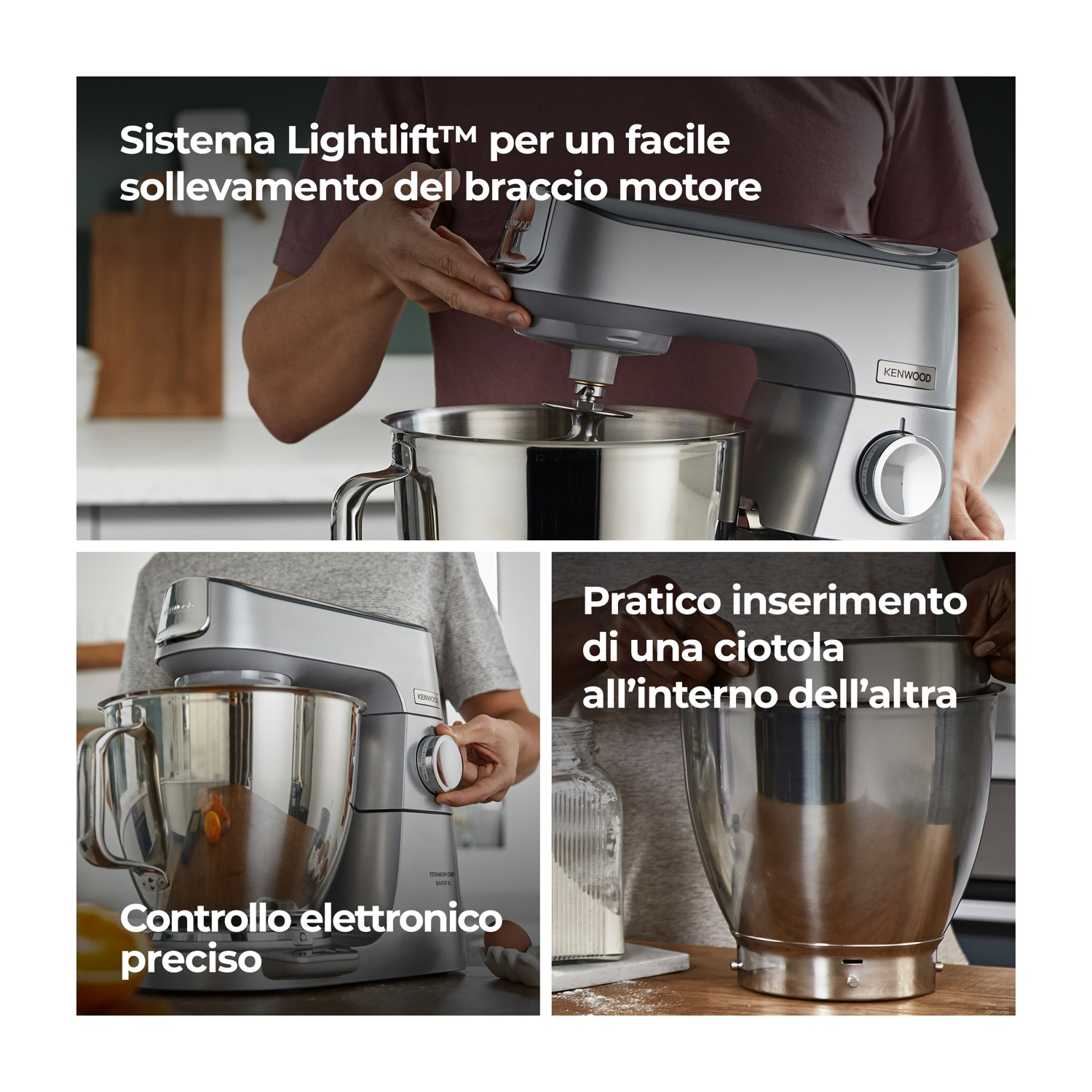 L'immagine mostra un mixer da cucina argentato con primi piani che evidenziano caratteristiche come il facile sollevamento del braccio e l'inserimento della ciotola.