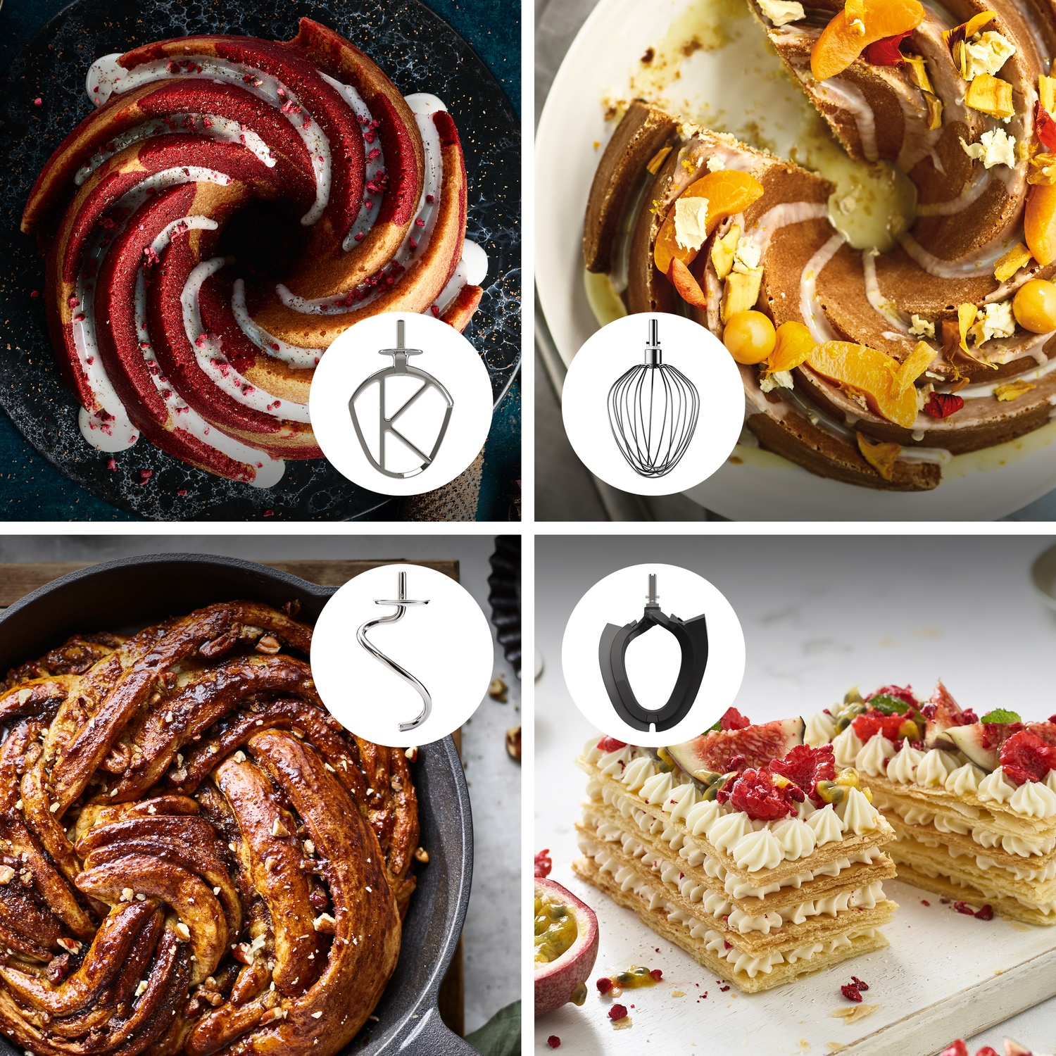 Quattro immagini che mostrano prodotti da forno e accessori per mixer. Vengono mostrati torte e pasticcini. Ogni immagine ha un accessorio diverso.