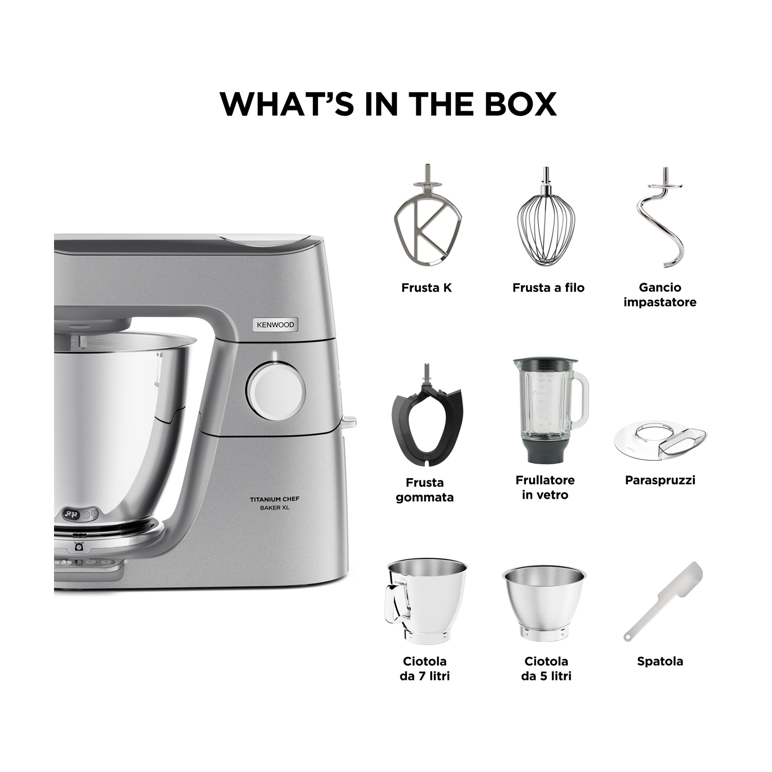 Un mixer Kenwood Titanium Chef Baker XL argento con accessori: fruste, ciotole, frullatore e spatola sono esposti.