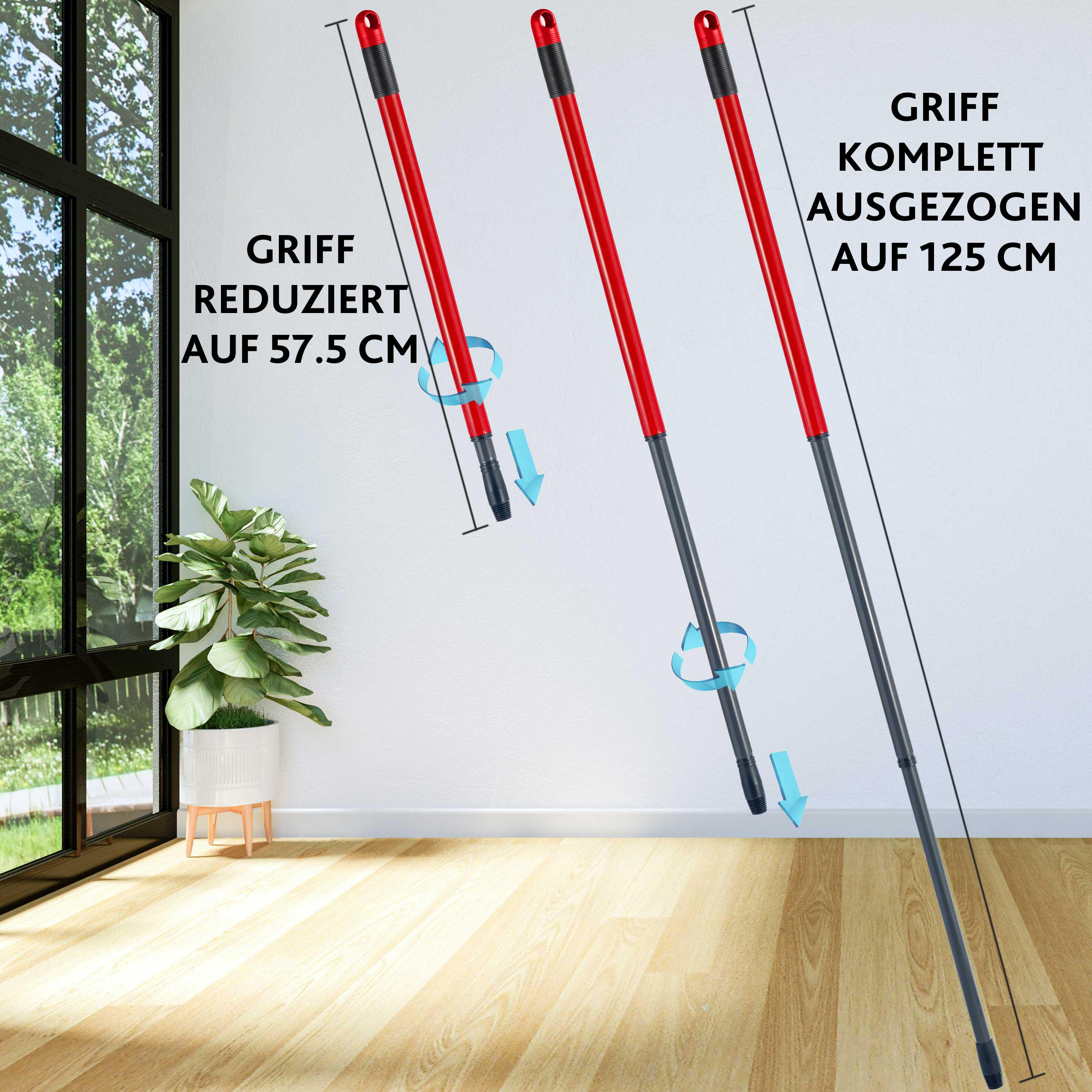 Drei rot-schwarze Stangen mit Pfeilen, die die Länge anzeigen, vor einer weißen Wand und einem Fenster mit einer Pflanze.