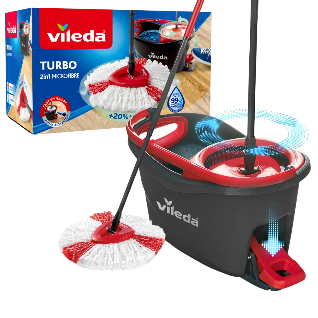Vileda Turbo Wischmopp und Eimer-Set. Rote und schwarze Farben. Die Verpackung zeigt das Produkt und seine Eigenschaften. Der Wischmoppkopf ist rot und weiß.