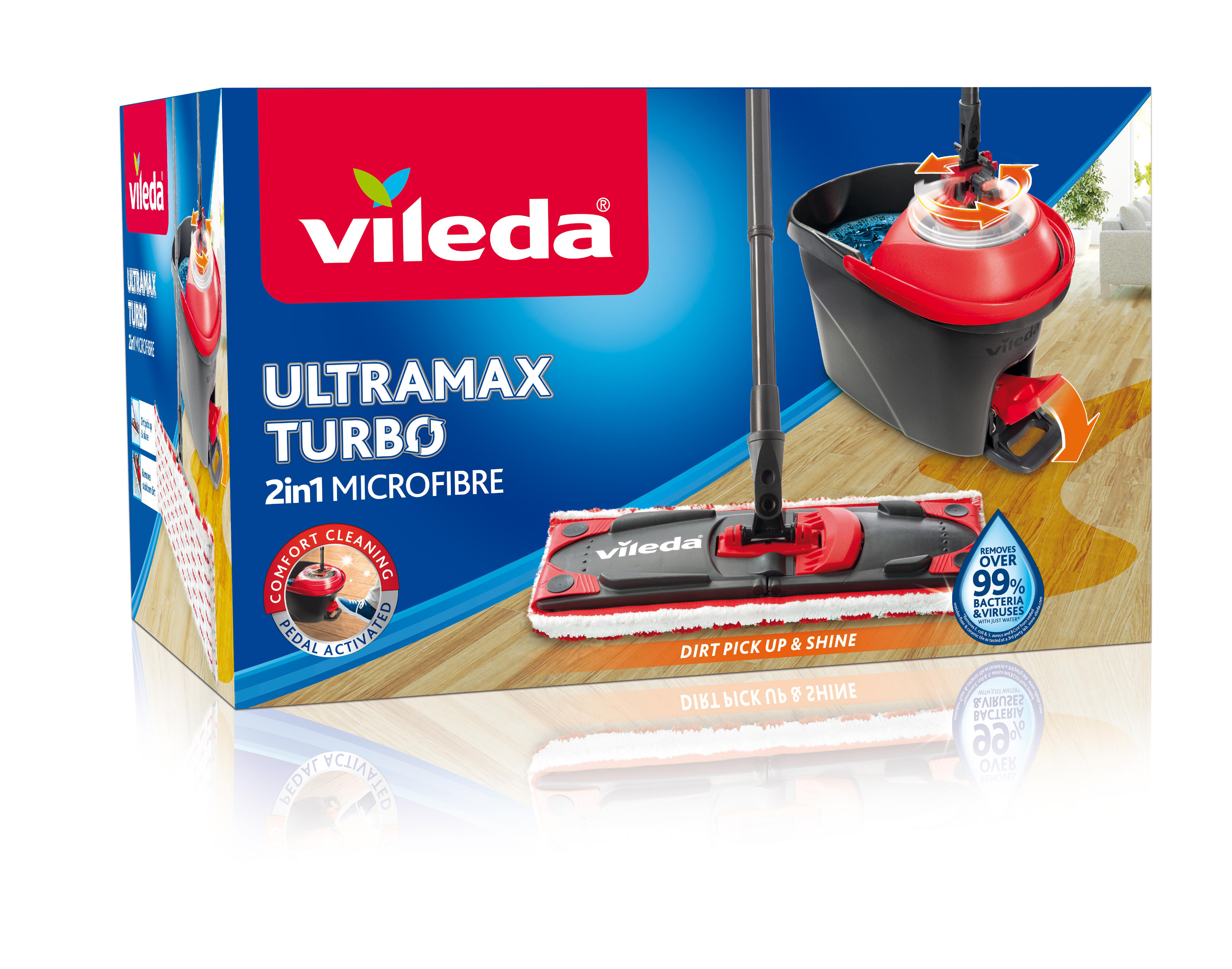 Vileda Ultramax Turbo Mopp-Paket. Zeigt den Mopp, den Eimer und Text zur Reinigung und Bakterienentfernung.