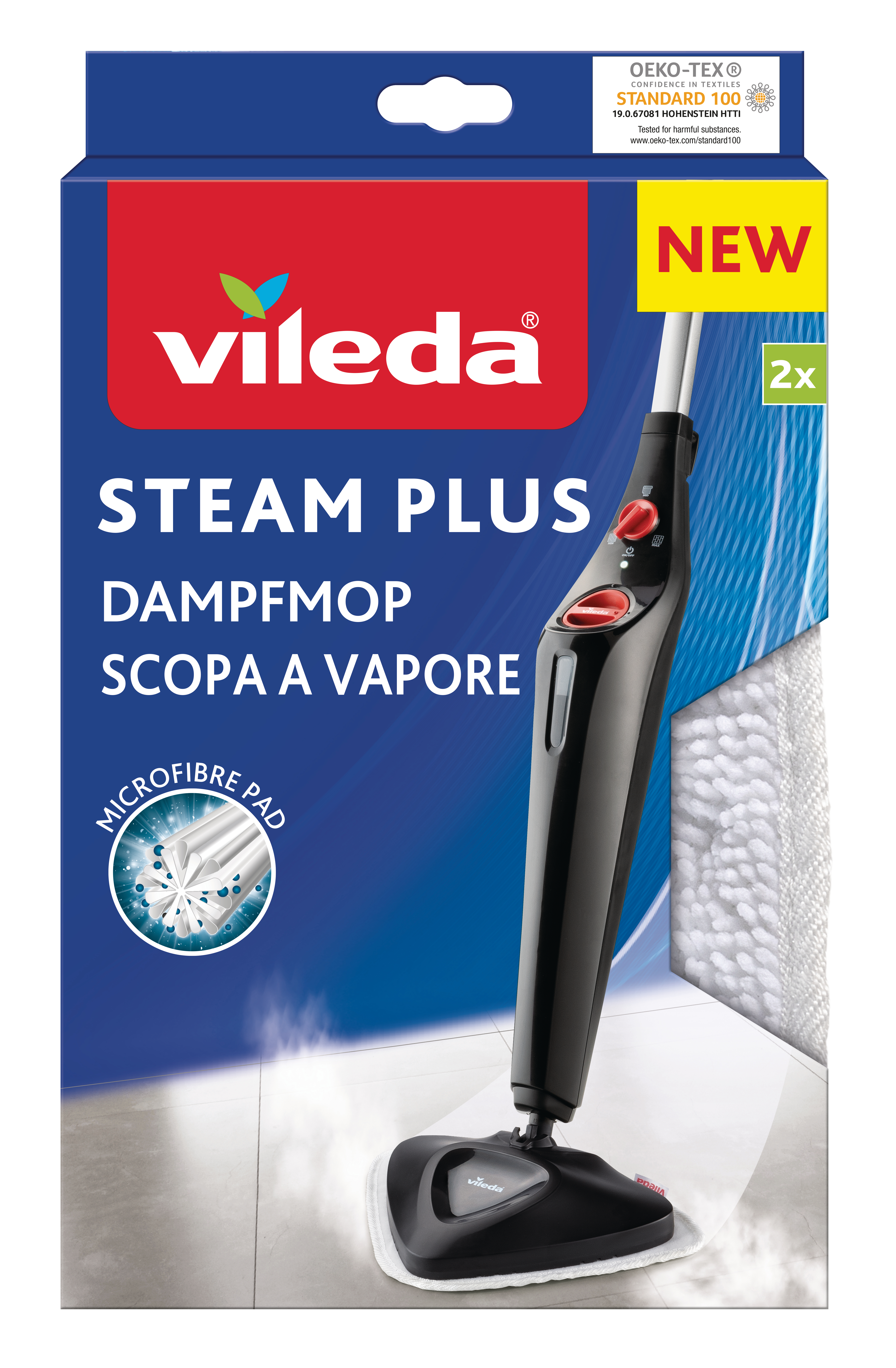 Eine Vileda Steam Plus Wischmopp-Box mit dem Mopp. Die Box ist blau und rot, mit Produktdetails und einem 'NEU'-Tag.