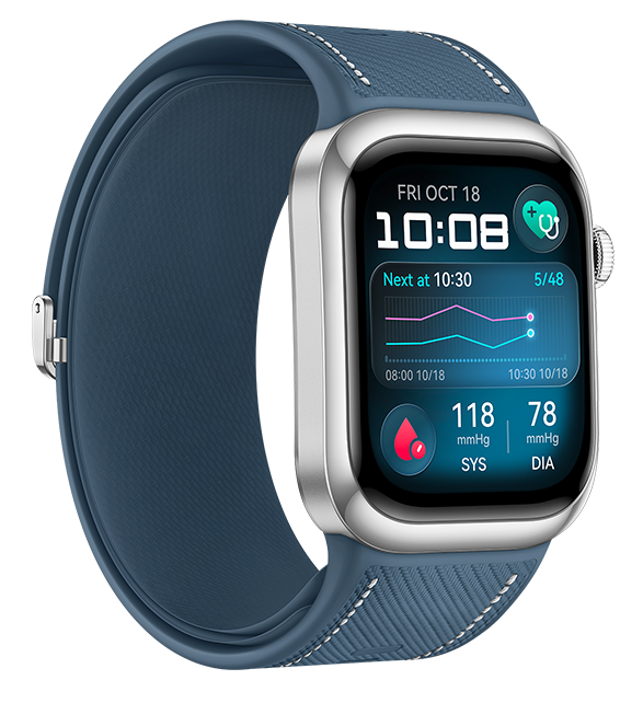 Smartwatch z niebieskim paskiem wyświetla wskaźniki zdrowia: ciśnienie krwi i czas. Ekran pokazuje 10:08 i inne dane zdrowotne.