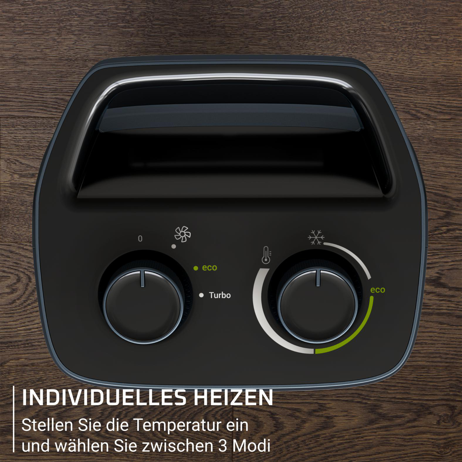 Schwarzes Gerät mit zwei Knöpfen und einem Griff. Bedienelemente sind beschriftet. Hintergrund ist Holz.