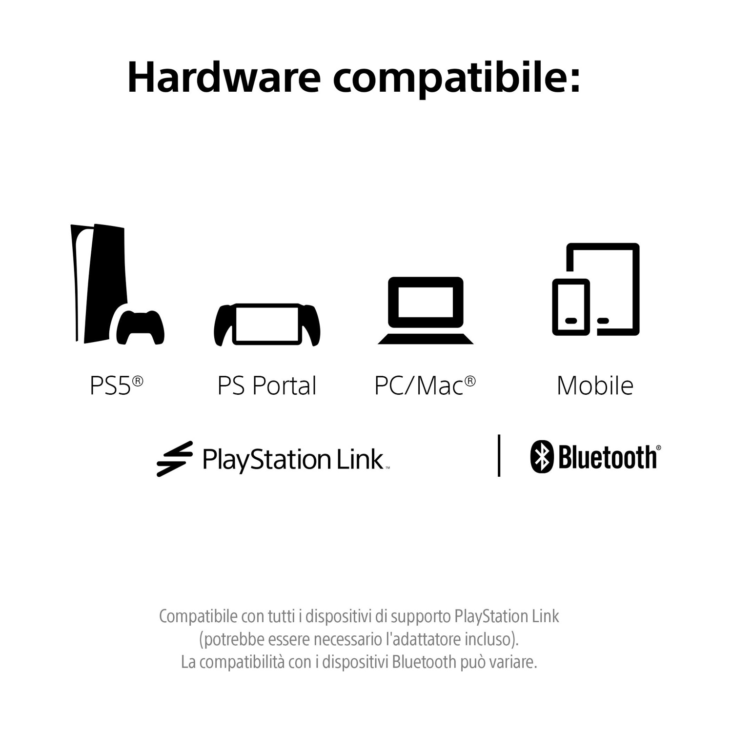 L'immagine mostra la compatibilità hardware con PS5, PS Portal, PC/Mac e dispositivi mobili. Sono presenti PlayStation Link e Bluetooth.