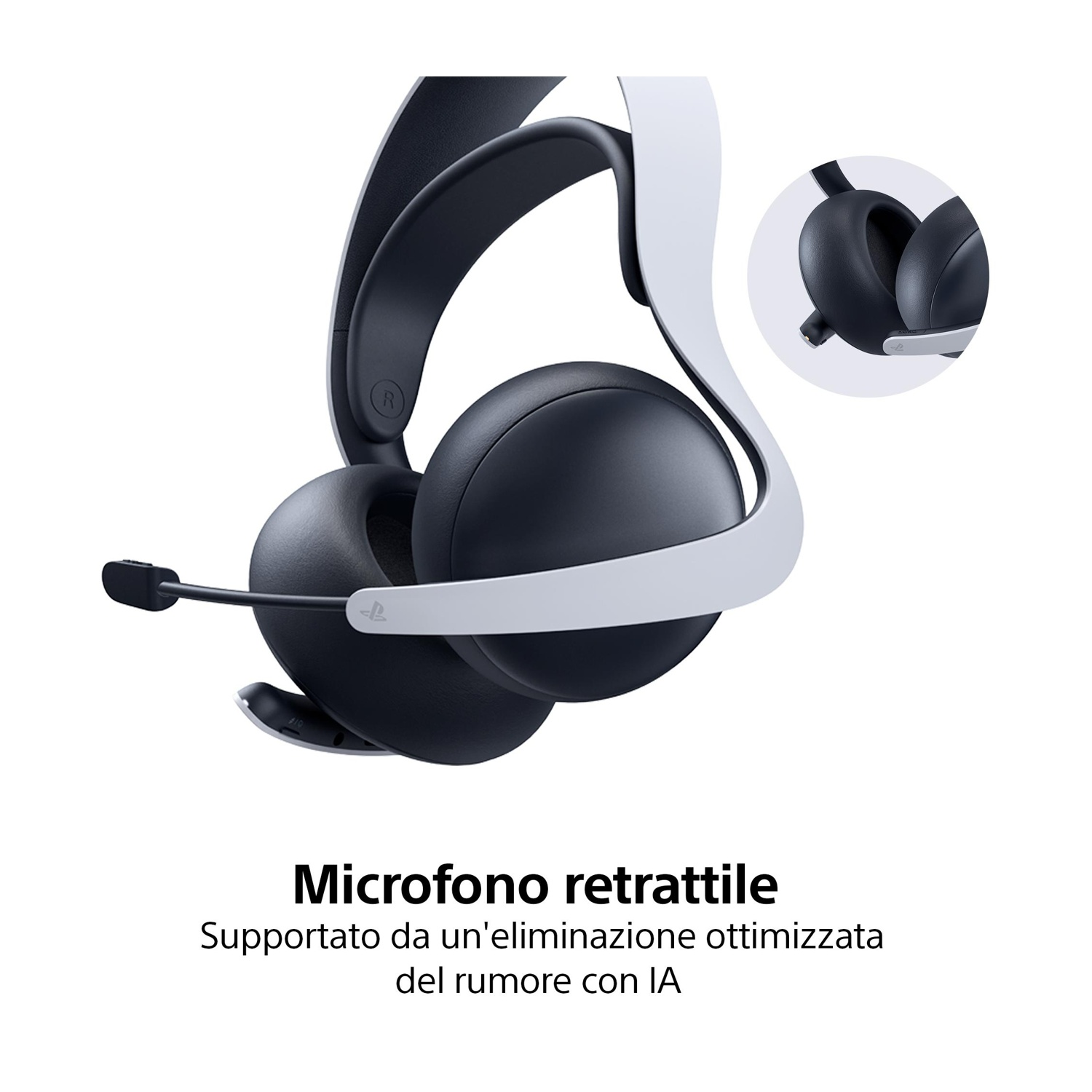 Cuffie da gaming bianche e nere con microfono retrattile, archetto bianco e padiglioni neri. Testo: 'Microfono retrattile'.