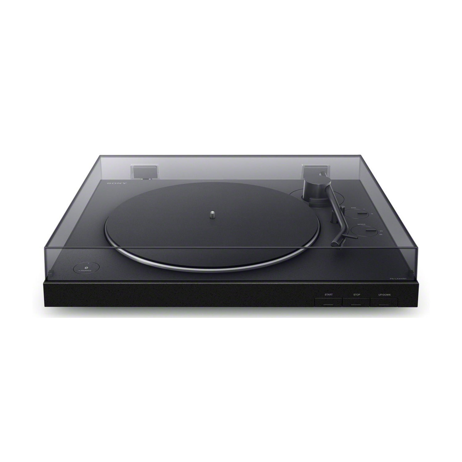 Giradischi Sony nero con coperchio trasparente. Ha un piatto circolare, un braccio e pulsanti di controllo: Avvia, Ferma e Su/Giù.