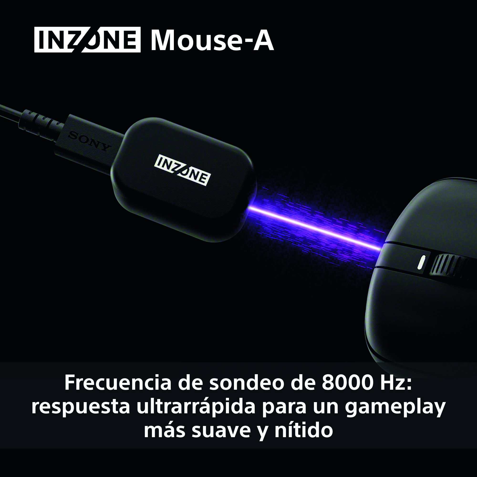 Ratón gaming negro con luz púrpura. Logos INZONE y SONY visibles. Texto: 'Frecuencia de sondeo de 8000 Hz'.