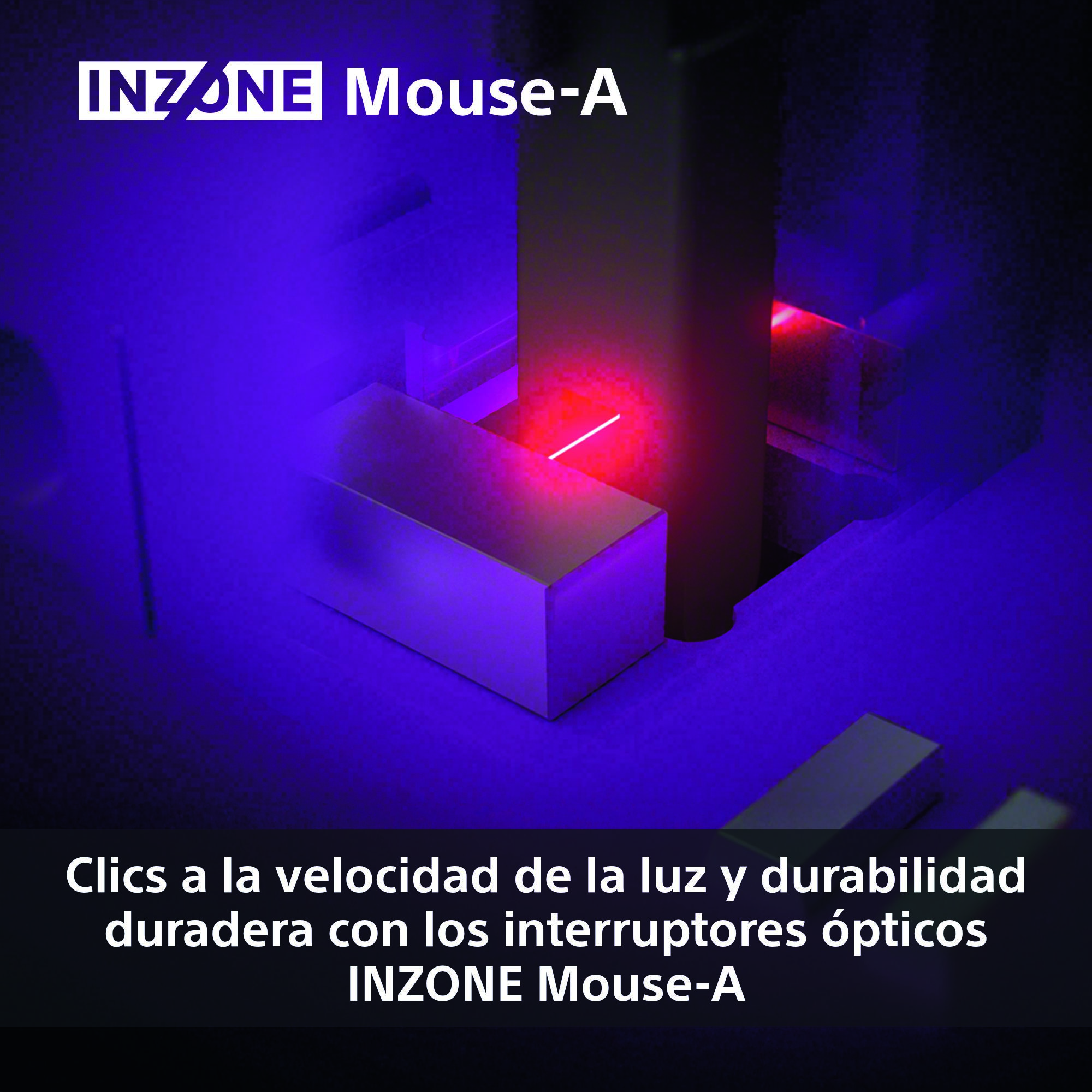 Imagen muestra un ratón con una pantalla de luz vibrante. El texto destaca la velocidad y la durabilidad.