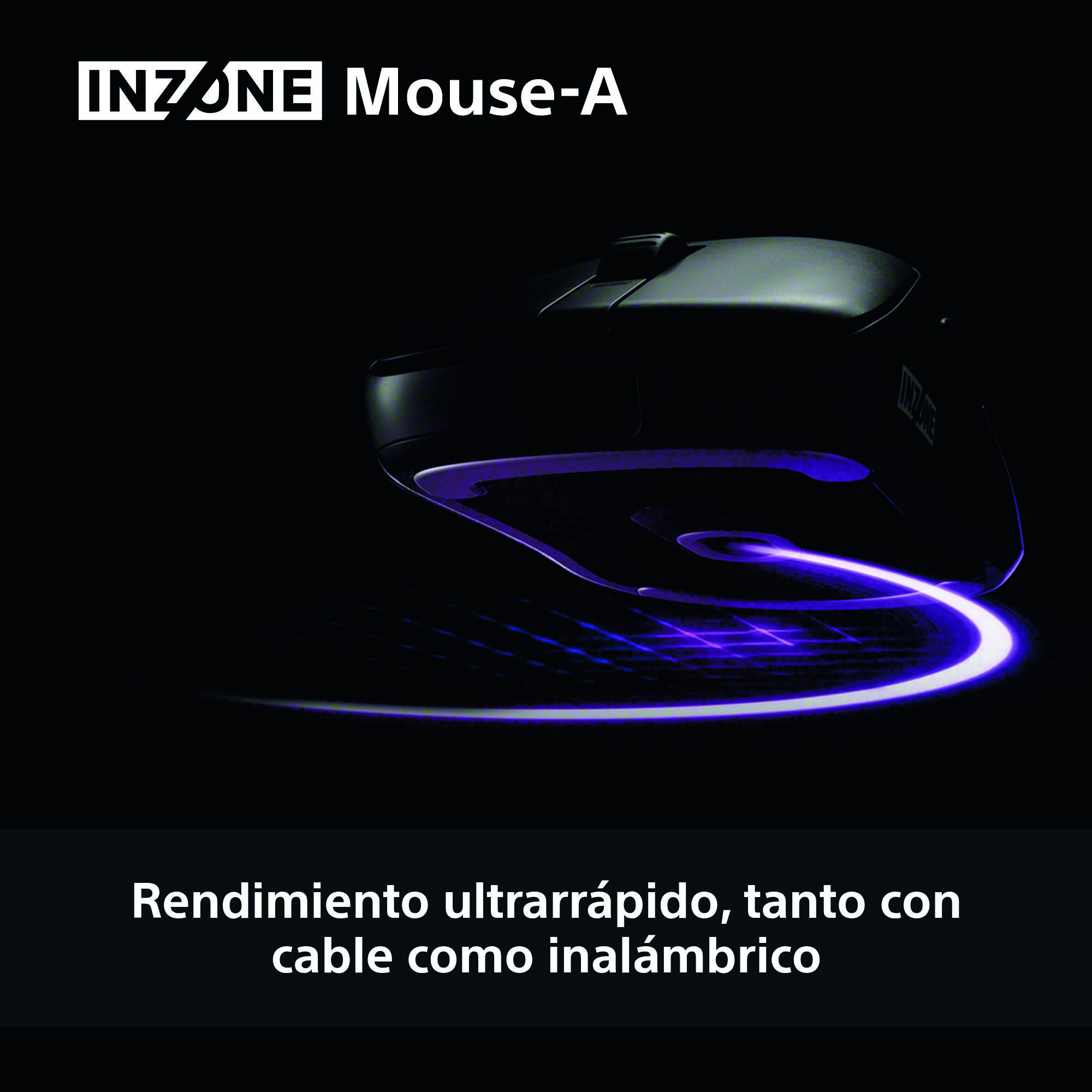 Ratón INZONE-A negro sobre fondo oscuro, con efectos de luz morada. Texto: 'Rendimiento ultrarrápido, con cable o inalámbrico'.