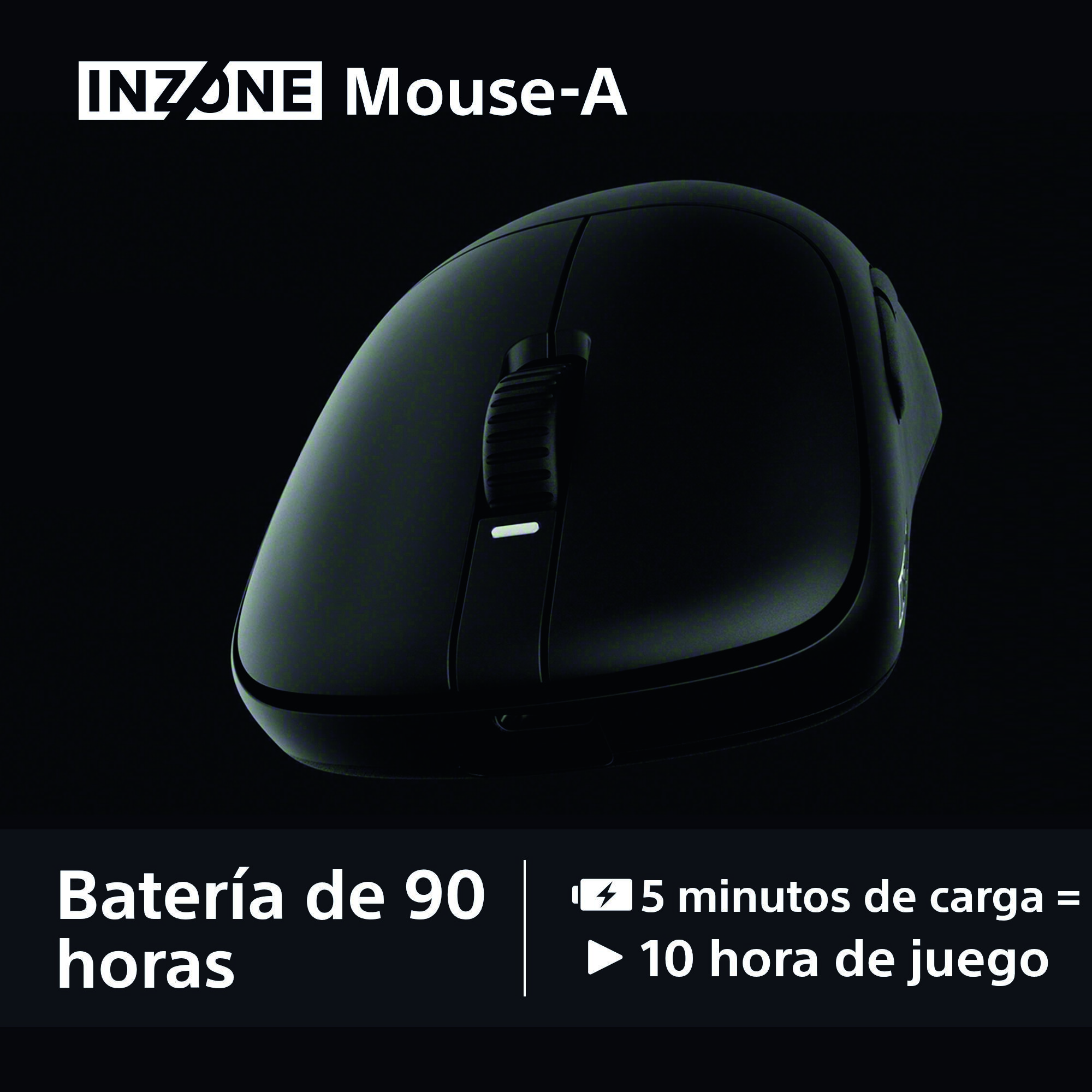 Ratón INZONE-A negro sobre fondo negro. Tiene una rueda de desplazamiento y dos botones laterales. El texto indica la duración de la batería y el tiempo de carga.