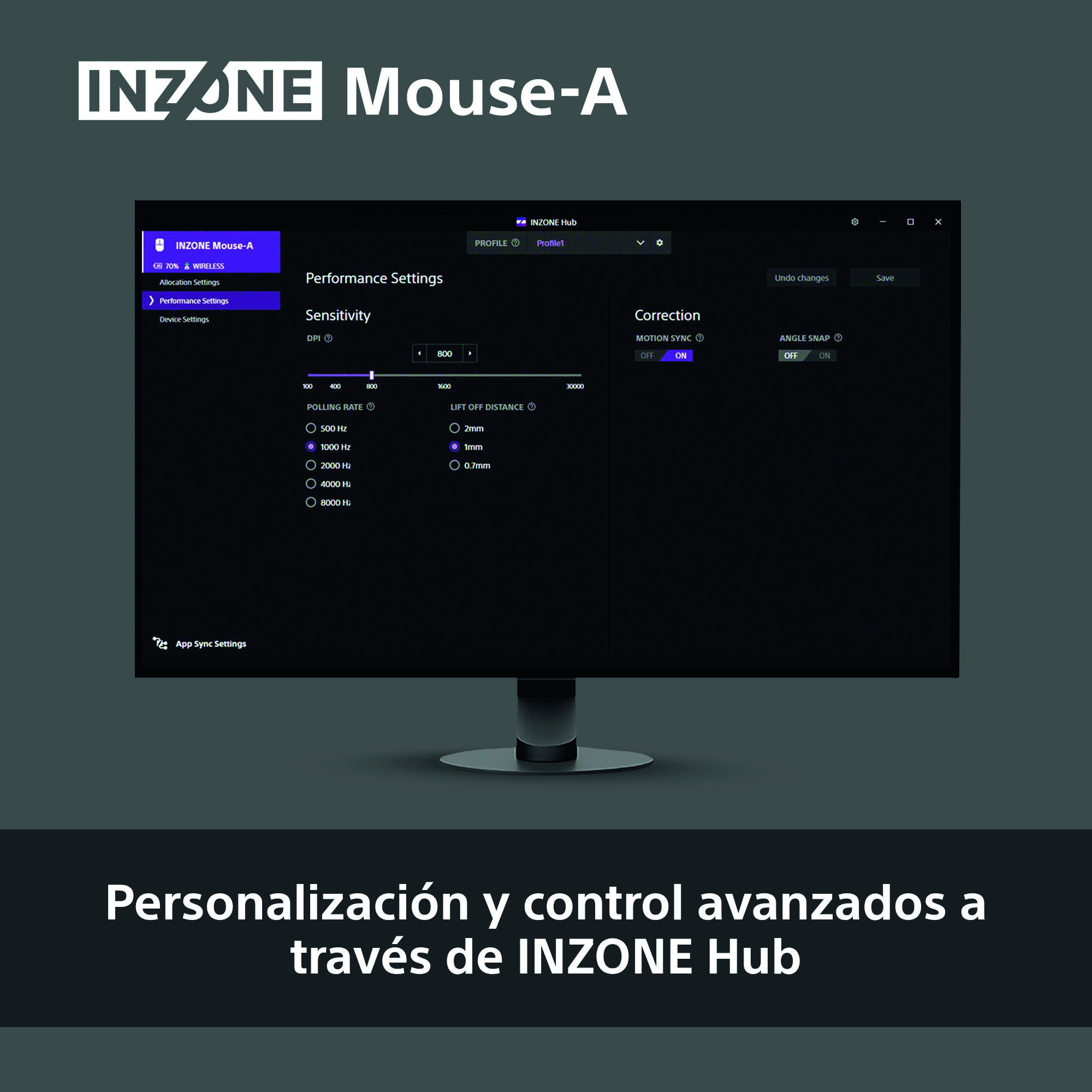 Una pantalla de computadora que muestra la interfaz INZONE Hub para la configuración del mouse, con ajustes de rendimiento.