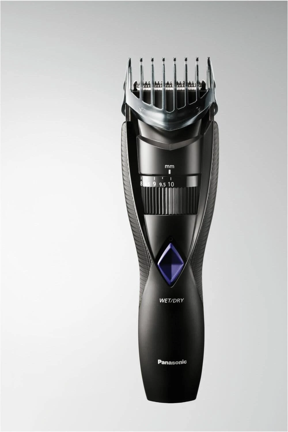 Recortadora de pelo Panasonic negra. Tiene ajustes para mm, con un diamante azul y texto 'wet/dry'. El fondo es gris claro.