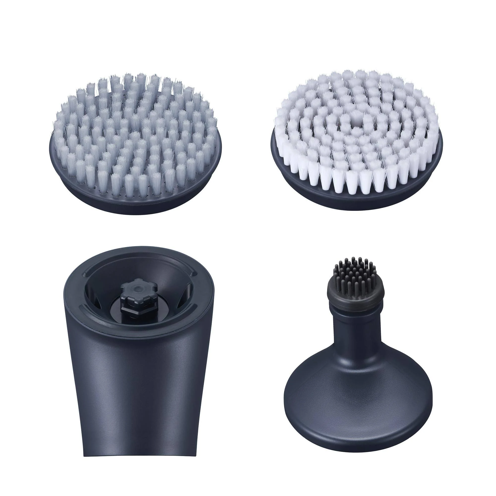Cuatro partes de un dispositivo de masaje. Cabezales de cepillo redondos, una base con una perilla y un accesorio en forma de cono. Todo gris oscuro.