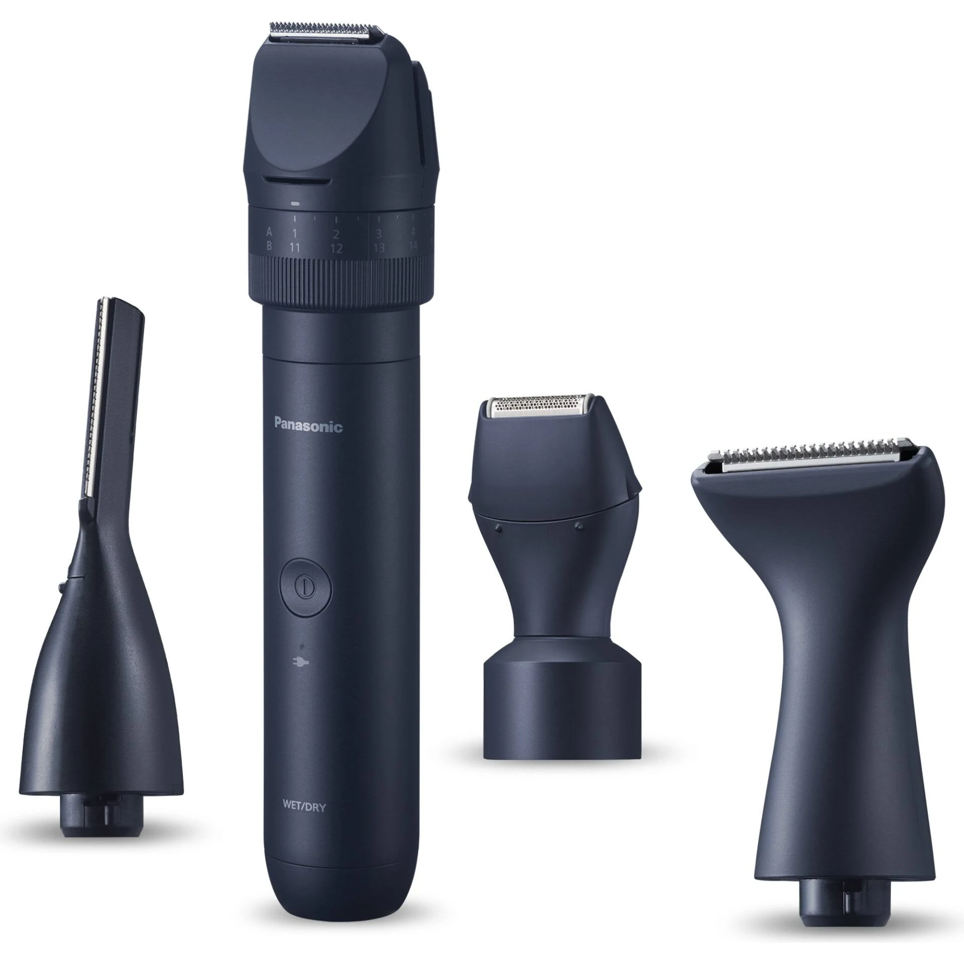 Una afeitadora eléctrica Panasonic azul oscuro con múltiples accesorios, incluyendo un recortador, detallador y varios cabezales.