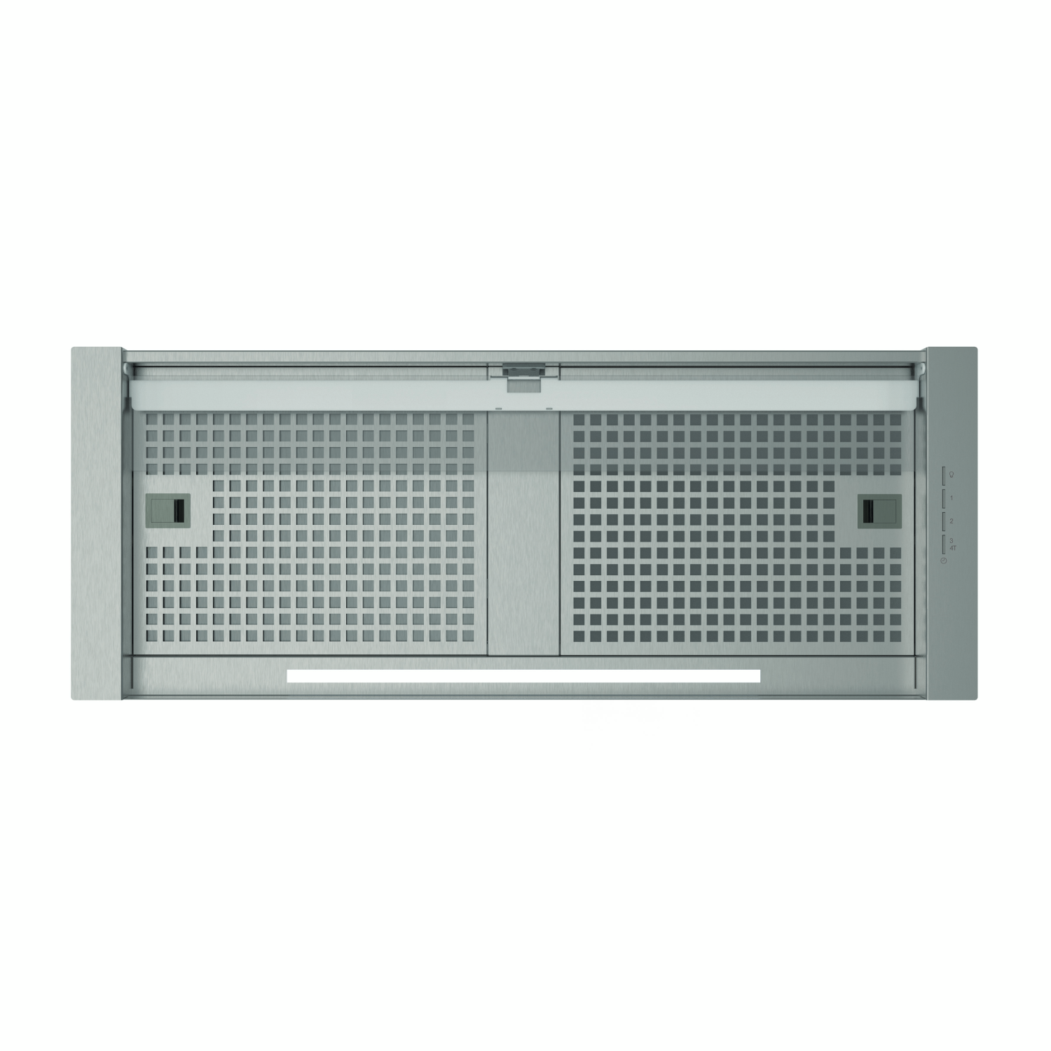 Se muestra una campana extractora de acero inoxidable. Tiene un diseño rectangular con superficie perforada y botones de control.