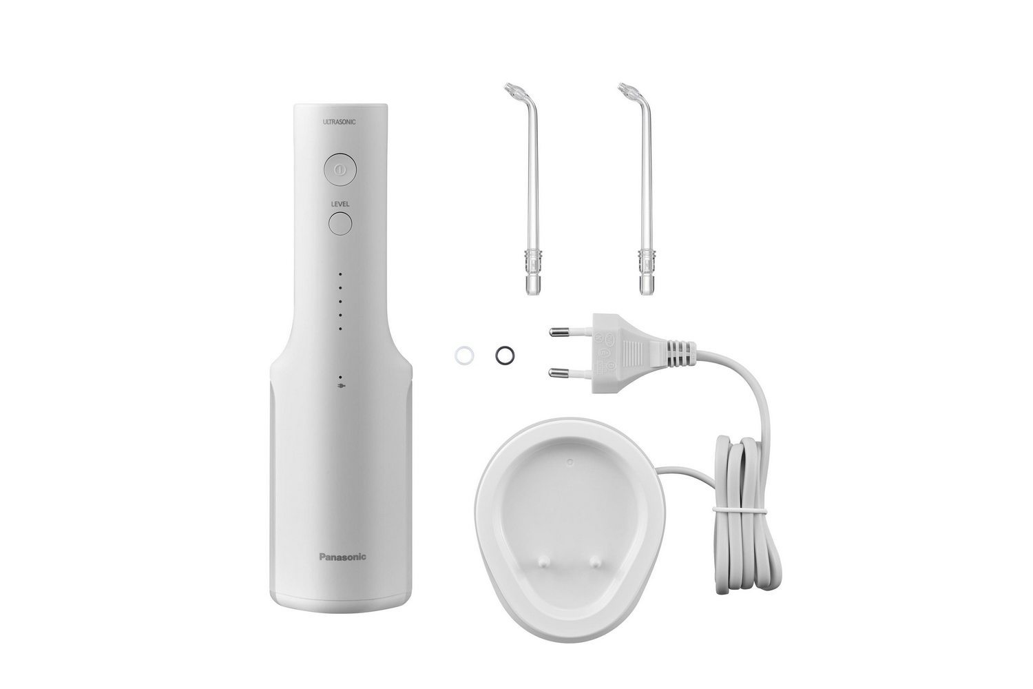 Un irrigador oral Panasonic blanco con dos puntas, un cargador y un cable de alimentación, sobre un fondo blanco.
