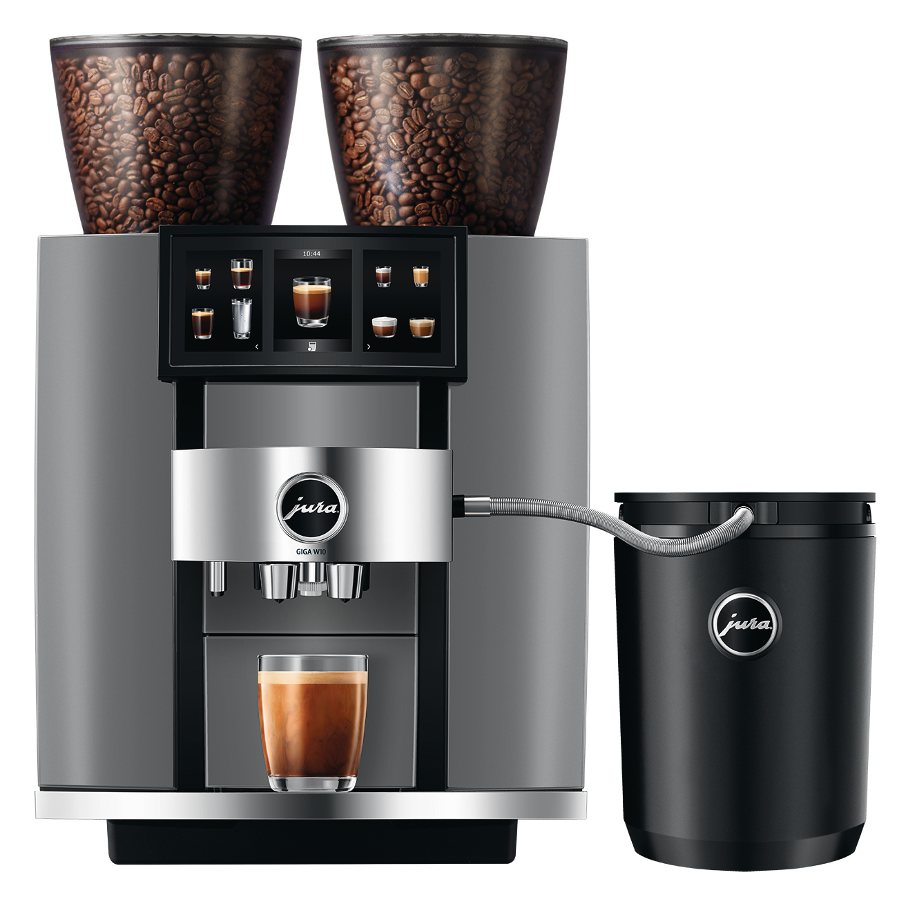 Eine Jura-Kaffeemaschine mit zwei Bohnenbehältern, einem Touchscreen und einer Tasse Kaffee. Ein schwarzer Behälter ist angeschlossen.