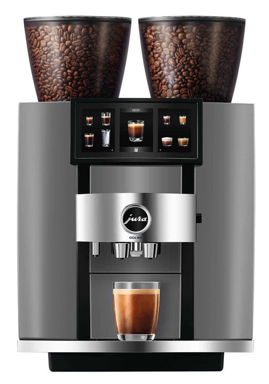Eine Kaffeemaschine mit zwei Bohnenbehältern, einem Touchscreen und einem Glas Kaffee. Die Maschine ist silberfarben.