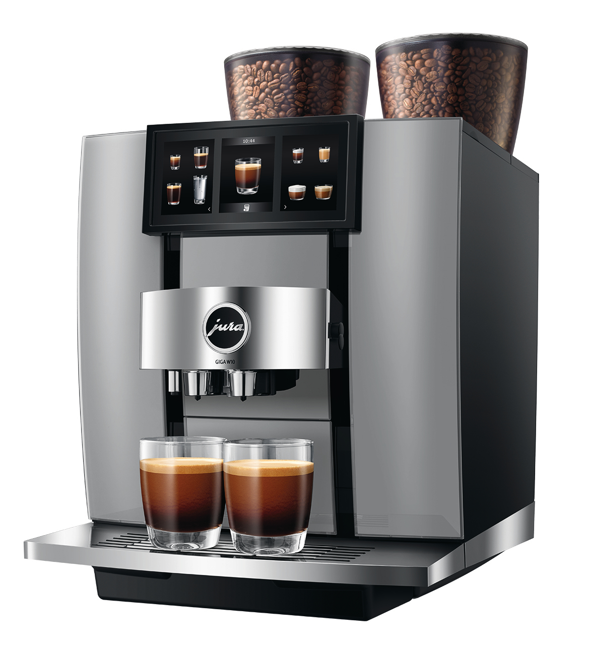 Eine silberne Jura GIGA W10 Kaffeemaschine mit zwei Espressogläsern. Sie hat einen Touchscreen, Kaffeebohnenbehälter und Kaffeeoptionen.