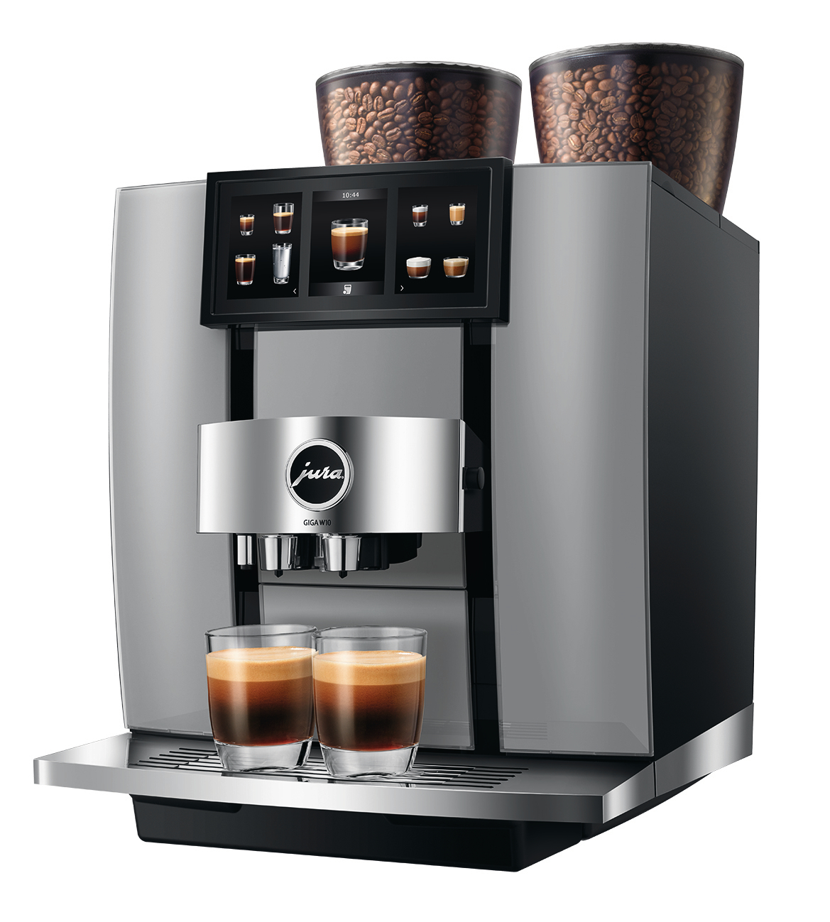 Eine Jura Giga W10 Kaffeemaschine mit zwei Kaffeegläsern, einem Touchscreen und Bohnenbehältern. Sie ist silber und schwarz.