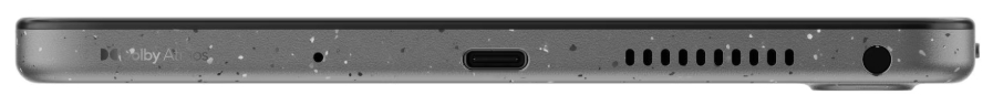 Seitenansicht eines Smartphones. Es hat einen USB-C-Anschluss, einen Lautsprecher und eine Kopfhörerbuchse. Die Oberfläche hat ein gesprenkeltes Muster.