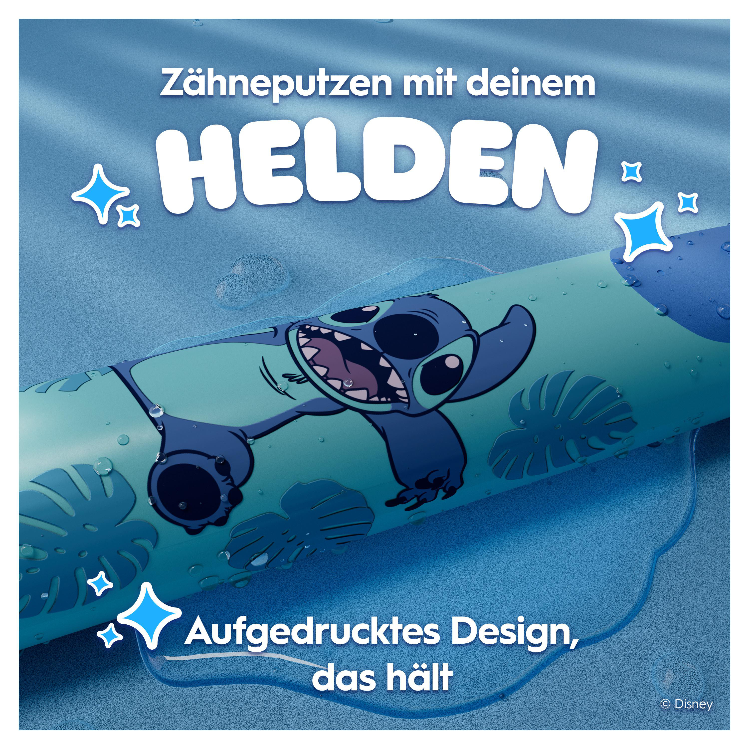 Eine blau-grüne Zahnbürste mit Stitch von Lilo & Stitch. Text lautet 'Zähneputzen mit deinem HELDEN'.